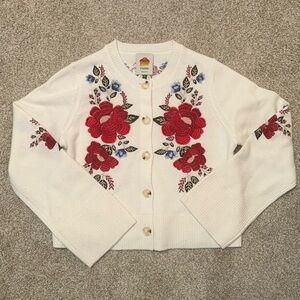 Farm Rio Cream Embroidered Flowers Buttoned Knit Cardigan